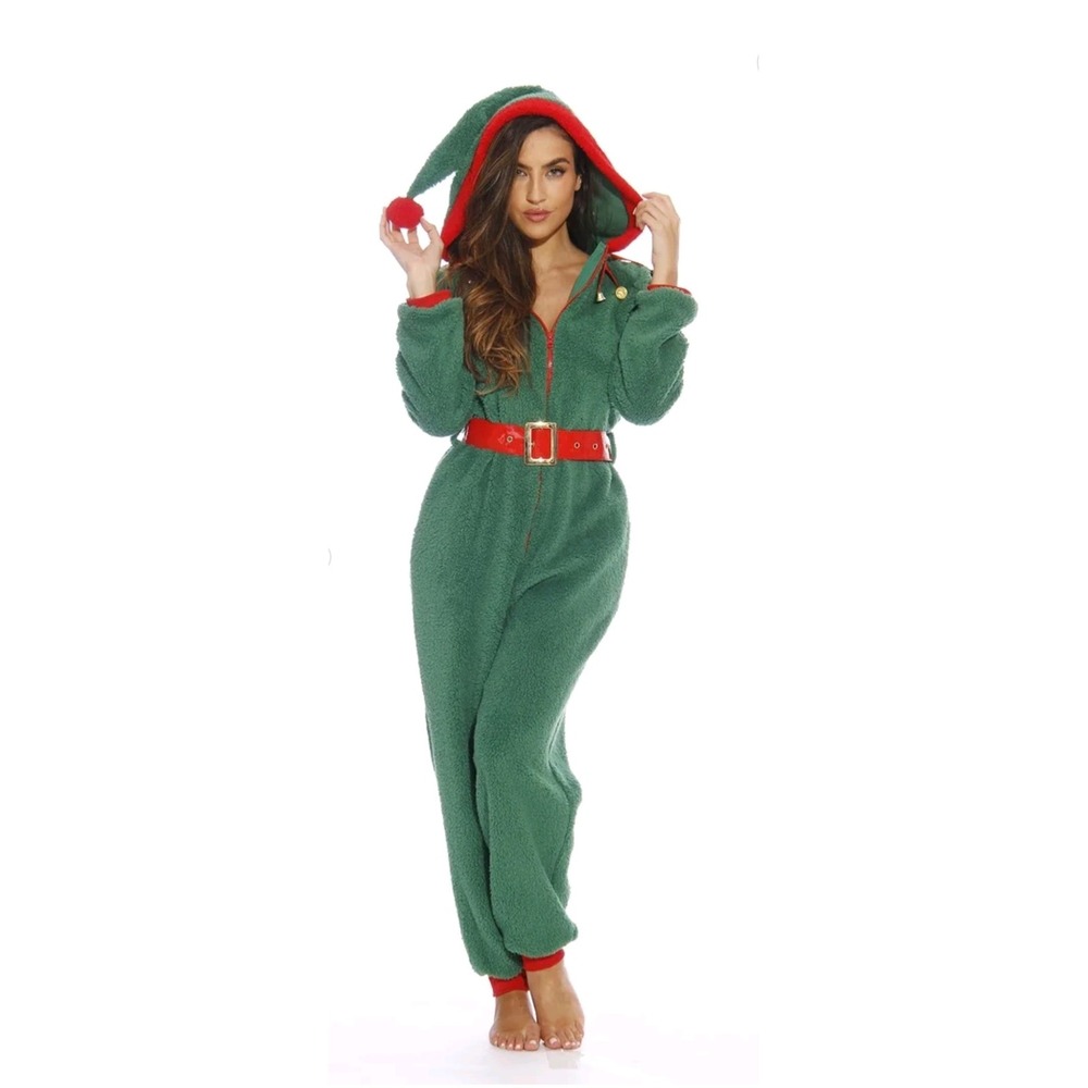 #followme Womens Green Sherpa Elf Christmas Hooded Jumpsuit Belted 6414 XXL